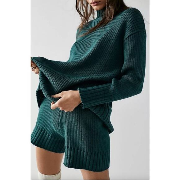 Free People Sweaters - Free People Beach Trez Hunter Green Ribbed Mockneck Cotton Sweater Small